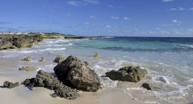 Coast with rocks and blue sky on Salt Cay, a Turks and Caicos island 