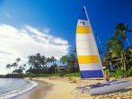A sailboat launched on the beach in Kauai, Hawaii. 