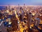 City of Chicago. Aerial view  of Chicago downtown at twilight from high above.