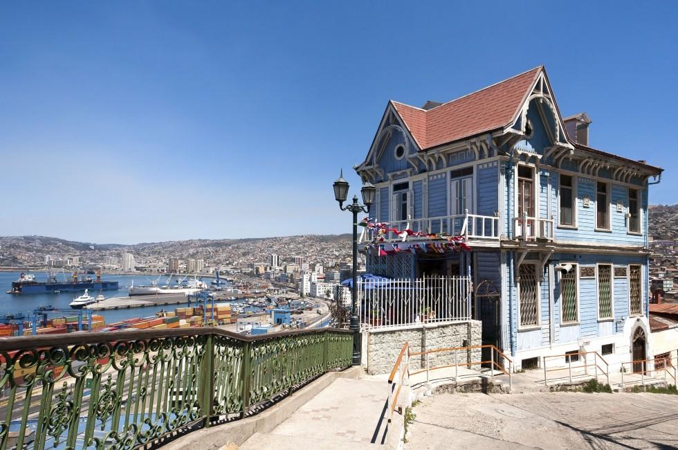 Colorful house in Valparaiso, Chile with view on the port. UNESCO World Heritage.;