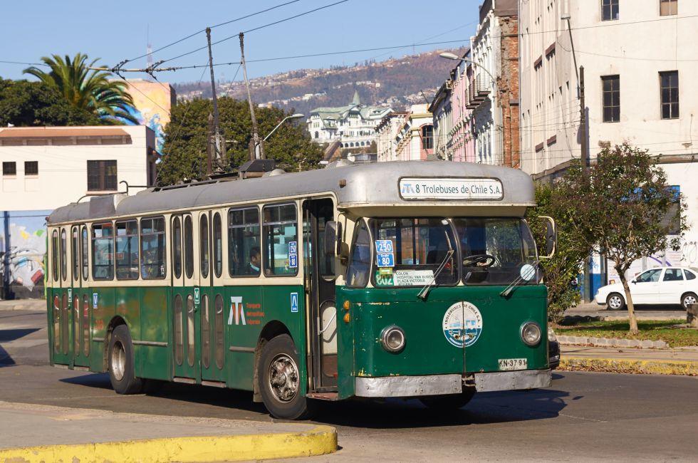 VALPARAISO, CHILE - MAY 16, 2014: Historic trolley bus in the UNESCO world heritage city of Valparaiso in Chile