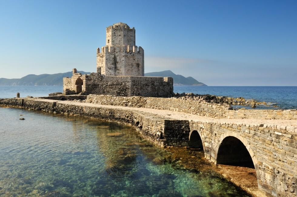 Picture of the watchthower from the medieval castle at Methoni, southern Greece, as it extends into the sea.
