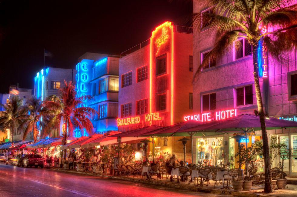 Renovated art deco hotels on the Miami South Beach Strip