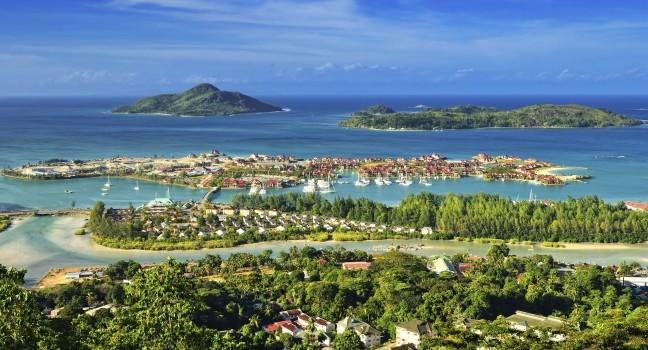 Aerial view on the coastline of the Seychelles Islands and luxury Eden Island from Victoria viewpoint, Mahe